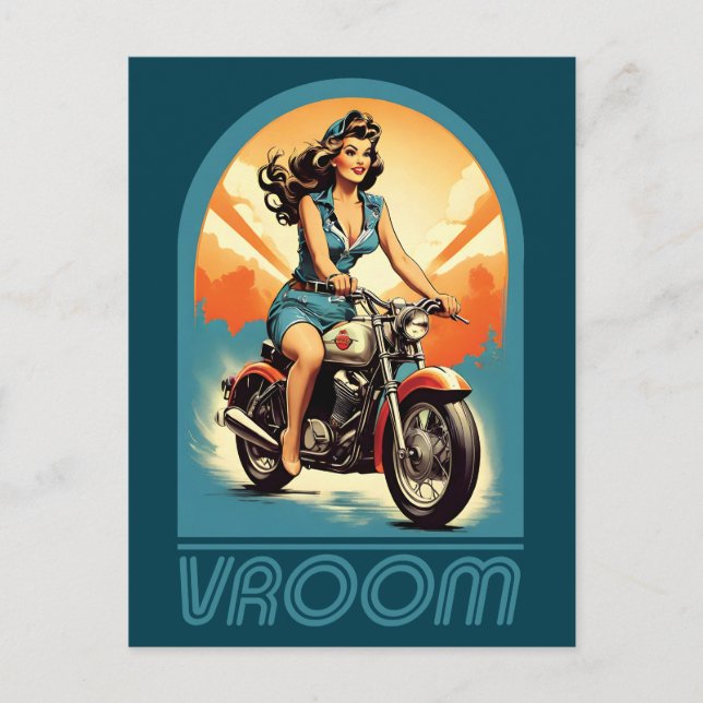 Vintage Illustration - Retro 60er Biker Girl Postkarte (Vorderseite)