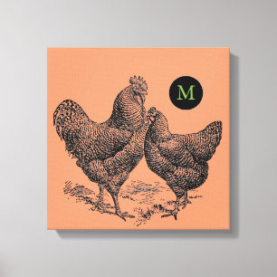 VINTAGE Illustration Rooster Hen Monogram Leinwand