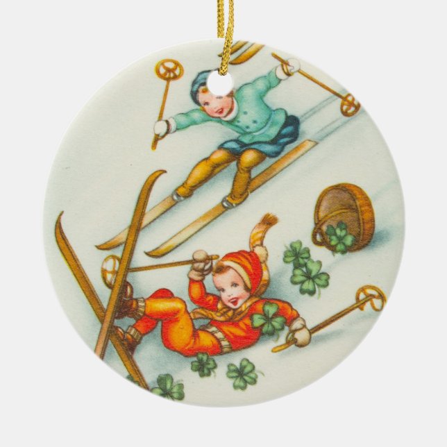 Vintage Illustration, Ski fahrende Mädchen Keramikornament (Vorne)