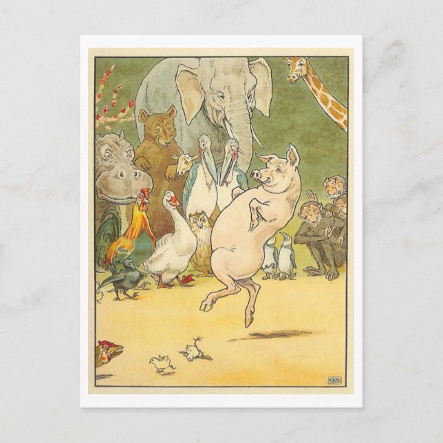 Vintage Illustration, Tanzen von Schweinen/Tieren Postkarte (Vorderseite)