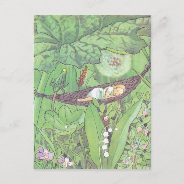 Vintage Illustration Thumbelina von Elsa Beskow Postkarte (Vorderseite)