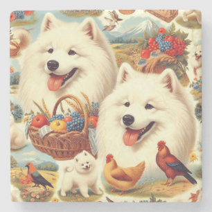 Vintage Illustration von Samoyed Dog Steinuntersetzer