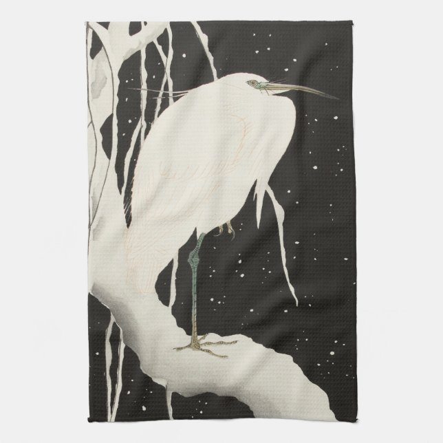 Vintage Illustration von Weißheronvogelschnee Geschirrtuch (Vertikal)