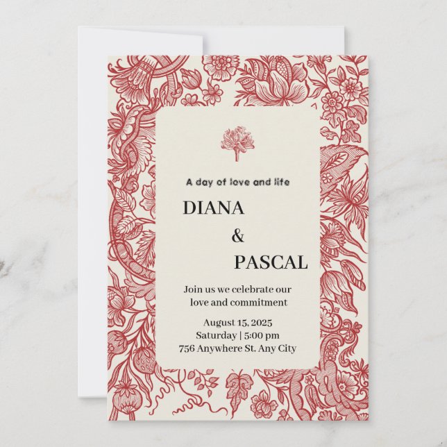 Vintage Illustration Weddin in Beige und Rot Einladung (Vorderseite)