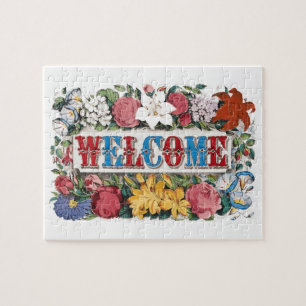 Vintage-Illustration WILLKOMMEN mit Blumen