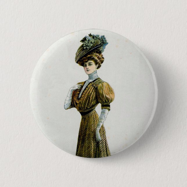 Vintage Illustrationsdame in Traubenhut Button (Vorderseite)