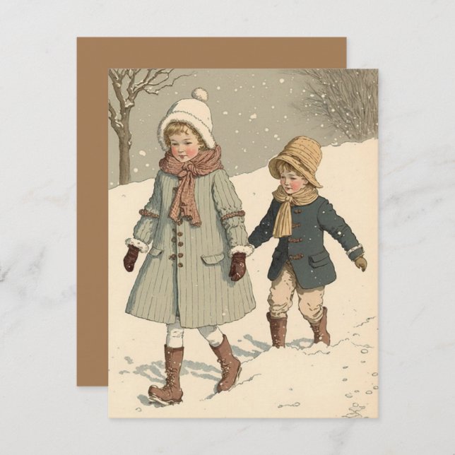 Vintage Illustrationskinder Weihnachtskarte Feiertagskarte (Vorne/Hinten)