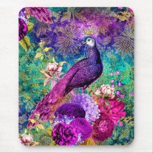 Vintage illustrierter Pfau-Grunge-Muster Mousepad