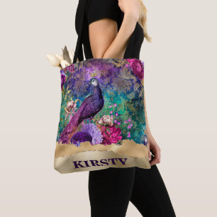 Vintage illustrierter Pfau und Blumen Grunge Tasche