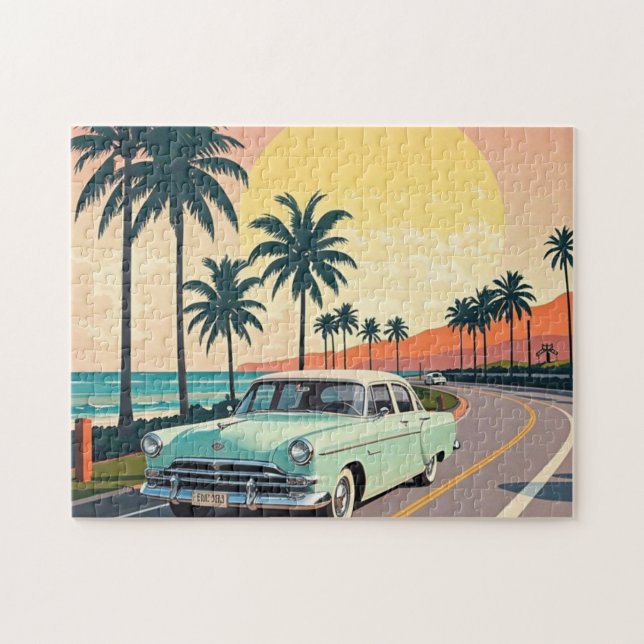 Vintage im Retro-Stil auf einer Küstenstraße (Horizontal)