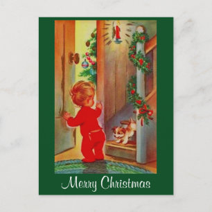 Vintage Image Little Boy & Dog Weihnachten Postkar