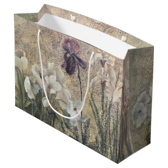 Vintage Impressionism Iris Blossoms Große Geschenktüte (Rückseite Schrägansicht)