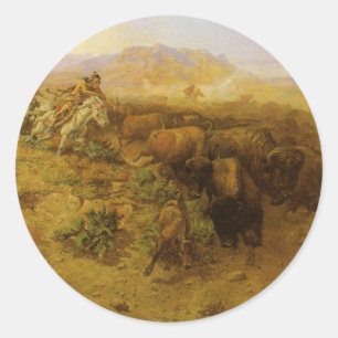Vintage Indianer, Büffeljagd von CM Russell Runder Aufkleber