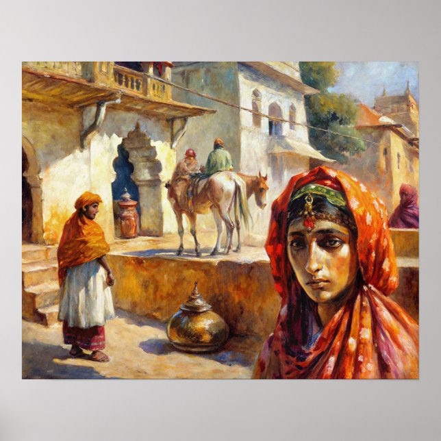 Vintage indische Dorfszene Poster (Vorne)