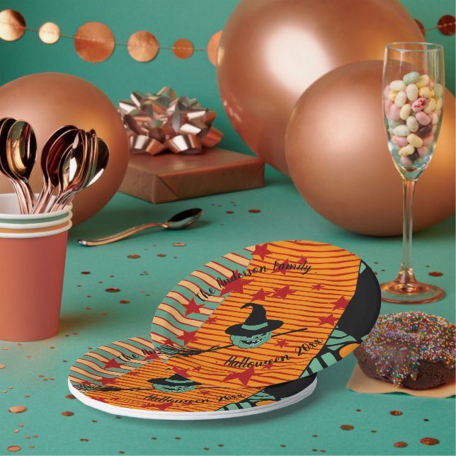Vintage-Inspired Dusty Teal Retro Pumpkin & Witch  Pappteller (Multi)