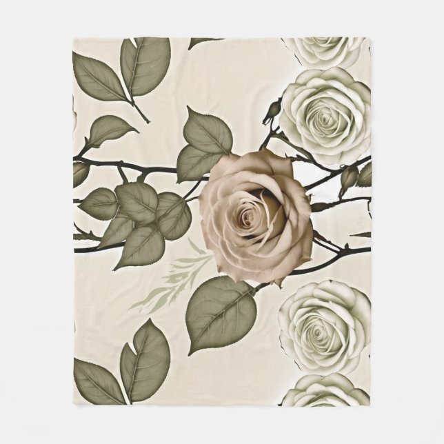 Vintage Inspired Sepia Roses With Green Leaves Fleecedecke (Vorderseite)