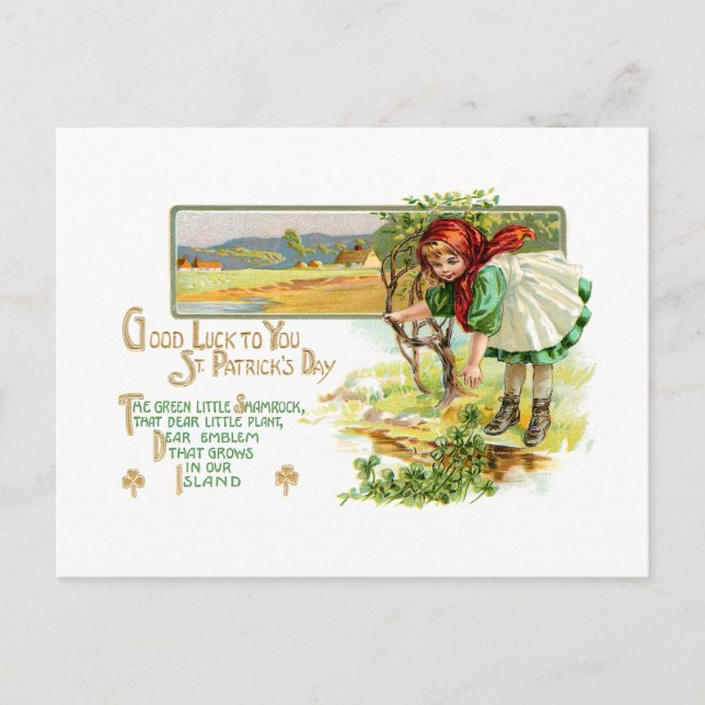 Vintage irische Girl mit Kleeblättern Postkarte (Vorderseite)