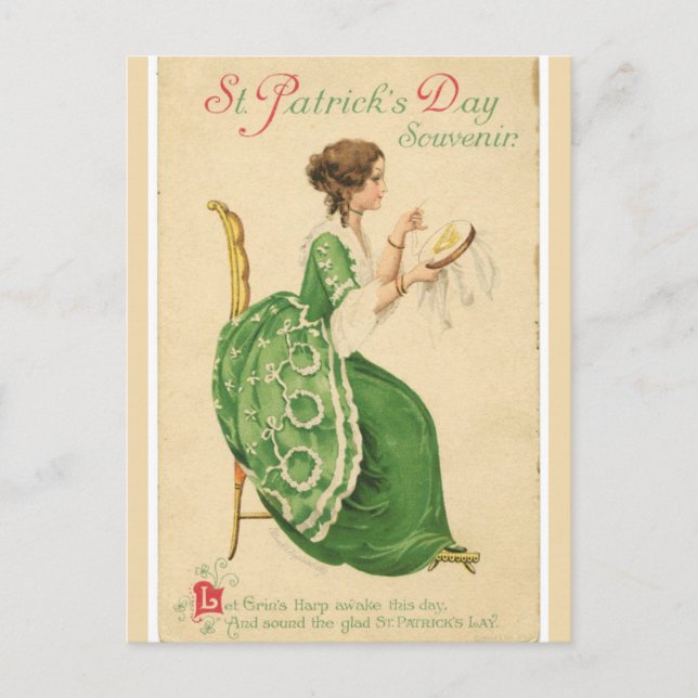 Vintage irische Lady im Grünen Nähen Postkarte (Vorderseite)