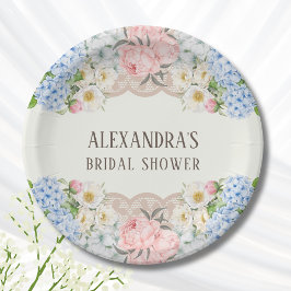 Vintage Ivory Peony Blue Hydrangea Bridal Shower Pappteller