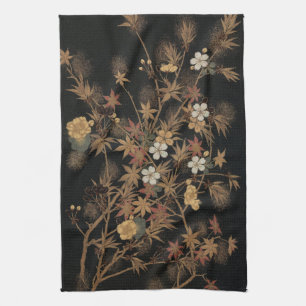 Vintage Japan Herbst Gold Floral Schwarz Kunst Geschirrtuch