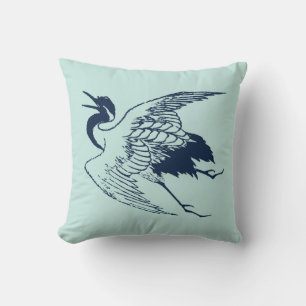 Vintage Japanese Drawing of a Crane in Blue Kissen