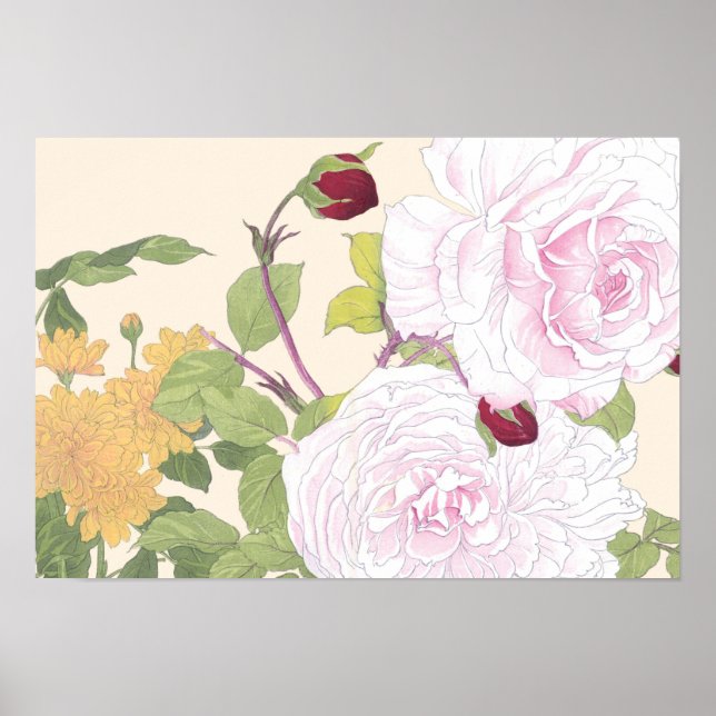 Vintage japanische Blumenkunst Rosa Rosa Rose Poster (Vorne)