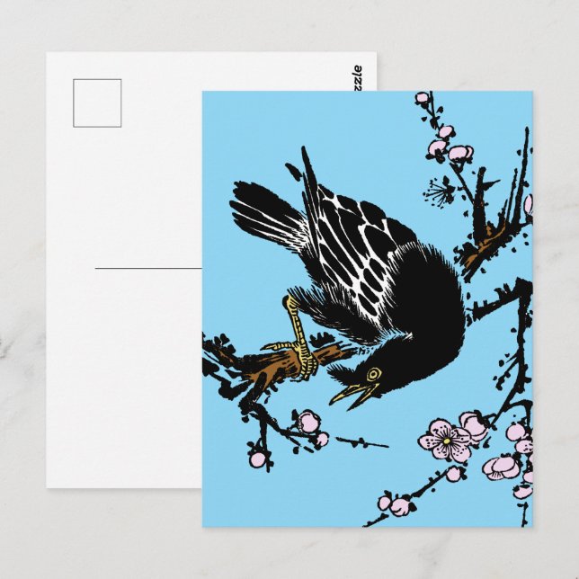 Vintage japanische Crow- und Kirschblüten Postkarte (Vorne/Hinten)