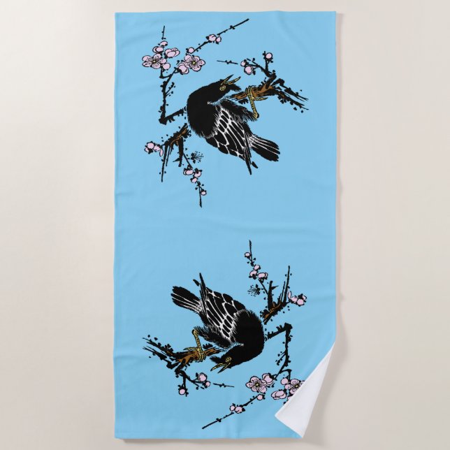 Vintage japanische Crow- und Kirschblüten Strandtuch (Vorderseite)