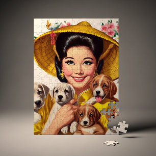 Vintage japanische Frau und Welpen
