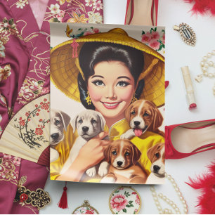 Vintage japanische Frau und Welpen Seidenpapier