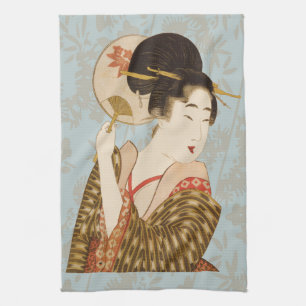 Vintage japanische Geisha Girl in Kimono mit Fan Geschirrtuch
