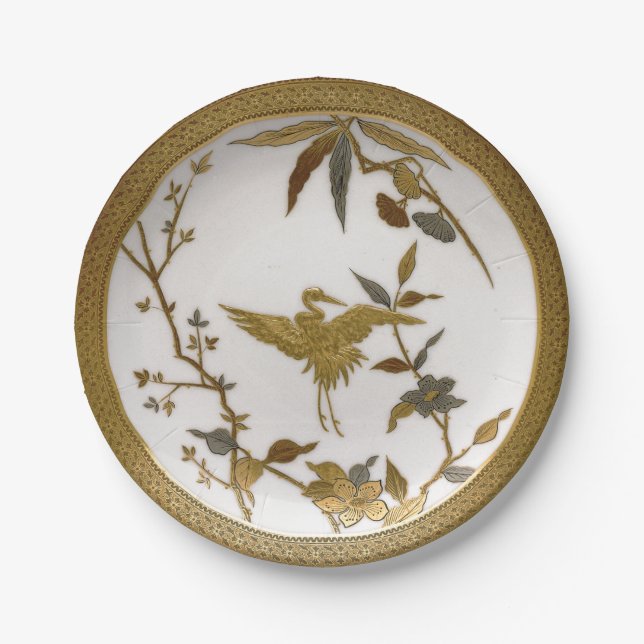 Vintage japanische Imitate Goldporzellankran Japan Pappteller (Vorderseite)