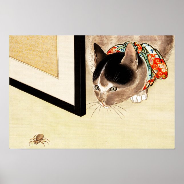 Vintage japanische Katze beobachtet Spickkunst Poster (Vorne)