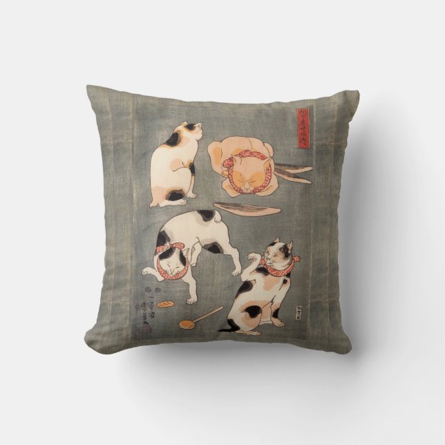 Vintage japanische Katzen-Posen Kissen (Vorderseite)