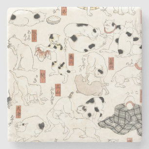 Vintage japanische Katzenkunst Ukiyoe-Holzschnitt Steinuntersetzer