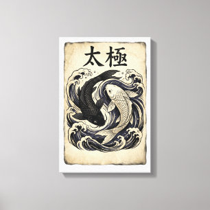 Vintage-Japanische-Koi-Fische Yin-Yang-Grafik Leinwanddruck