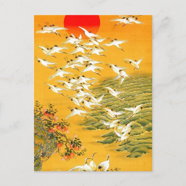 Vintage japanische Krane bei Sunset Postkarte (Vorderseite)