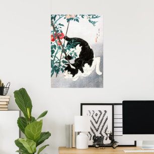 Vintage japanische Kunst Schwarz-Weiß-Katze Tomate Poster