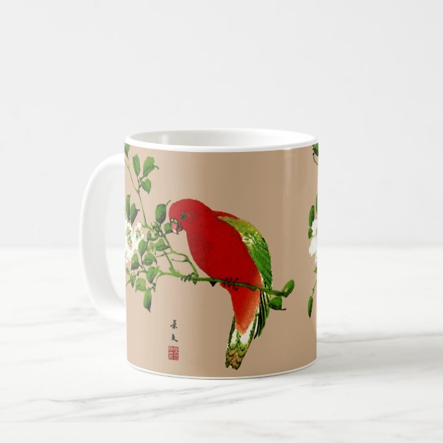 Vintage japanische Malerei eines Papageis, Rot & G Kaffeetasse (Vorderseite Links)