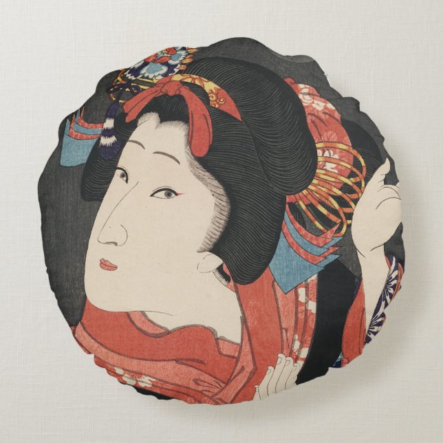 Vintage japanische Malerei Rundes Kissen (Rückseite)