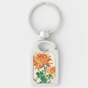 Vintage japanische Malerei von Chrysanthemen Schlüsselanhänger