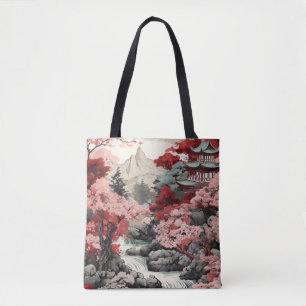 Vintage japanische Sakura-Tempel-Waldszene Tasche