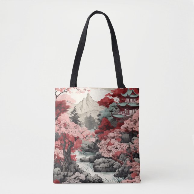 Vintage japanische Sakura Tempelwaldszene Tasche (Vorderseite)