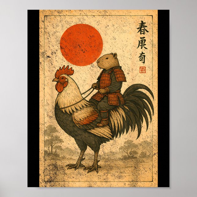 Vintage japanische Samurai-Capybara-Hahn-Huhn  Poster (Vorne)