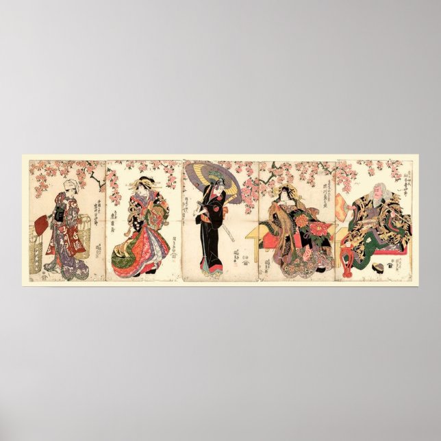 Vintage japanische Schauspieler 5 Panel Holzblock Poster (Vorne)