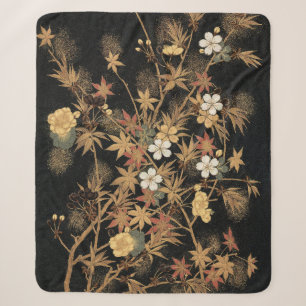 Vintage Japanische Schwarze Gold Herbst Blumen Kun Sherpadecke