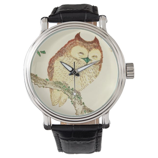 Vintage japanische Tintenzeichnung einer Eule Armbanduhr (Vorderseite)