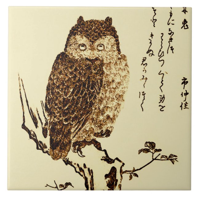 Vintage japanische Tintenzeichnung einer Eule Fliese (Vorderseite)