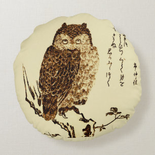 Vintage japanische Tintenzeichnung einer Eule Rundes Kissen