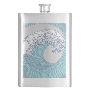 Vintage-Japanische Ukiyo-e-Surfwellen-Kunst Blaue  Flachmann
